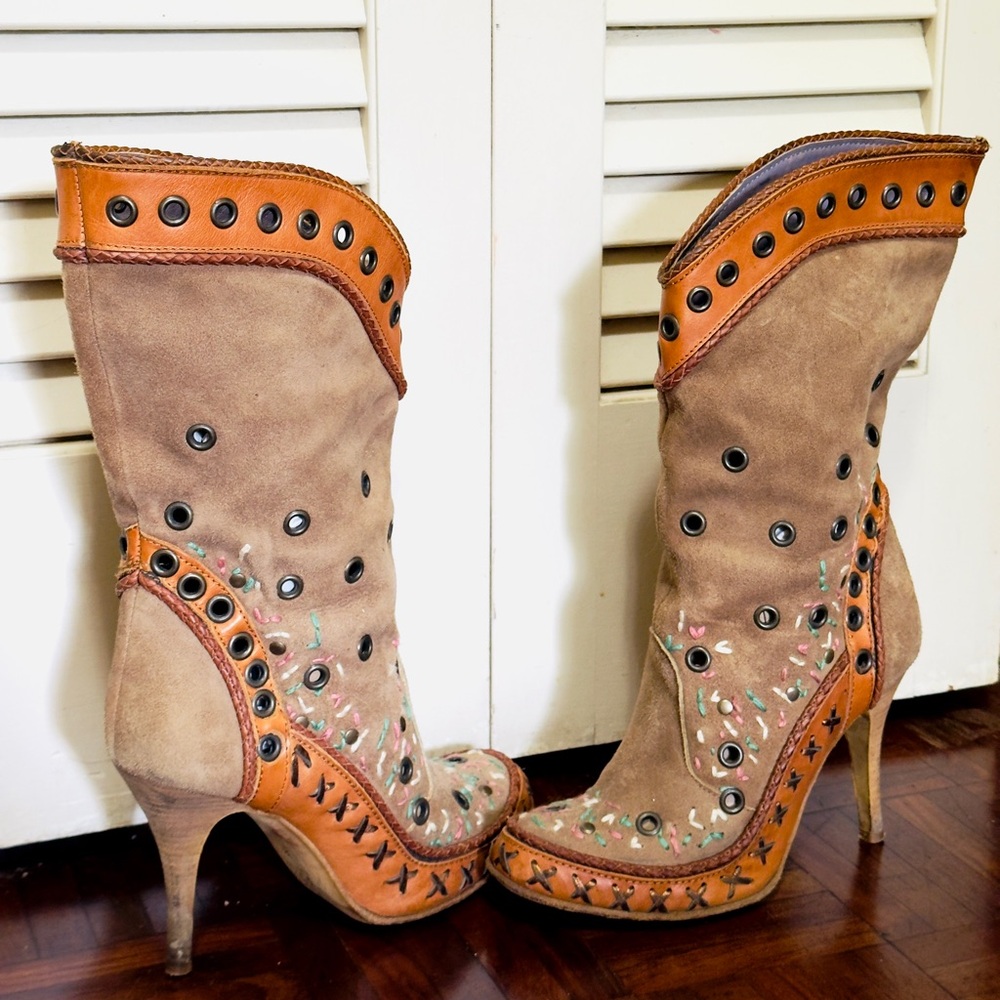 Embroidered Tan and Brown Heeled Boots
